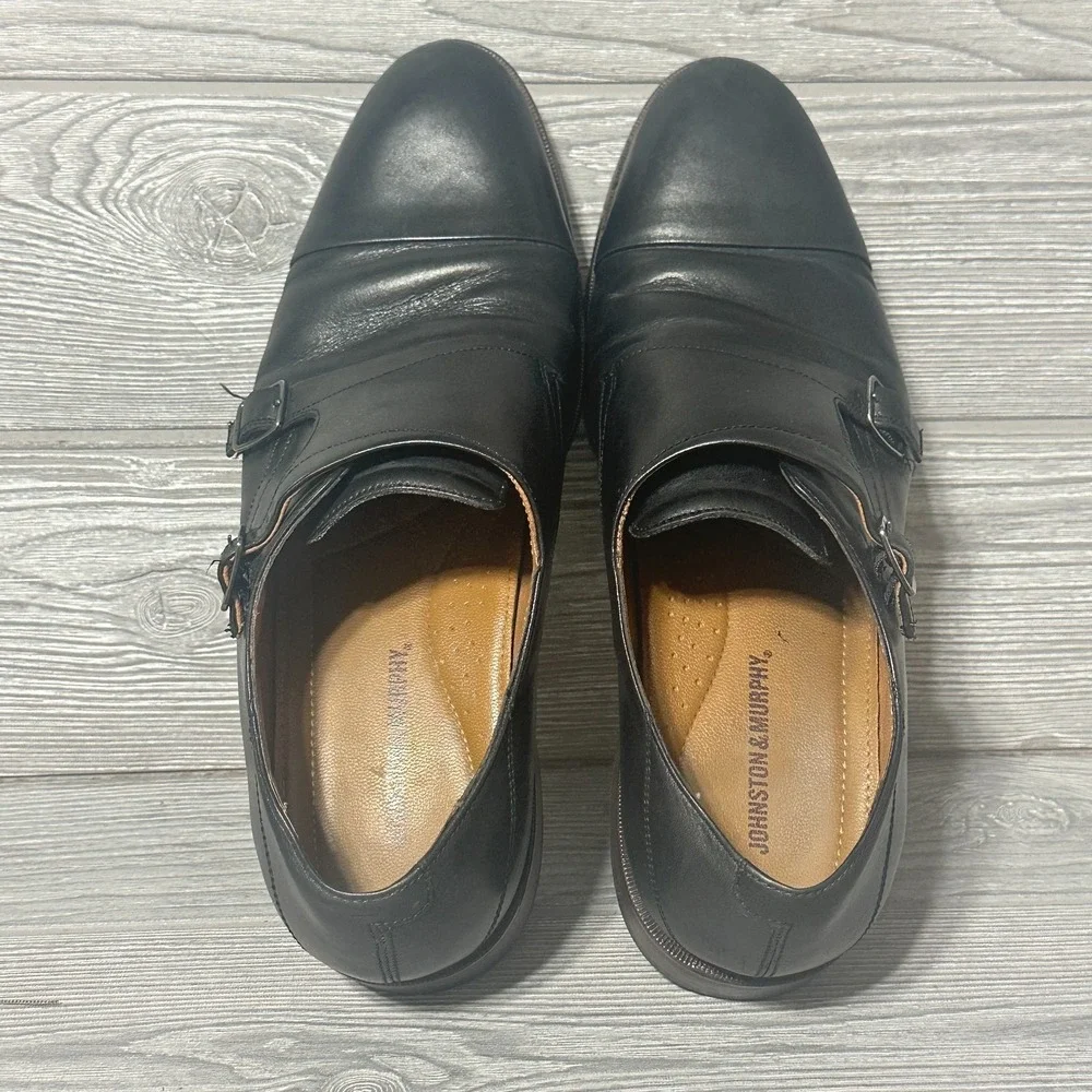 Johnston‎ & Murphy Dress Shoes Double Monk Strap Men 10M Black Cap Toe Leather